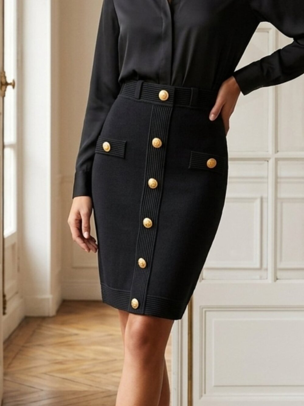 Balmain Black Stretchy Gold Embossed Button Skirt